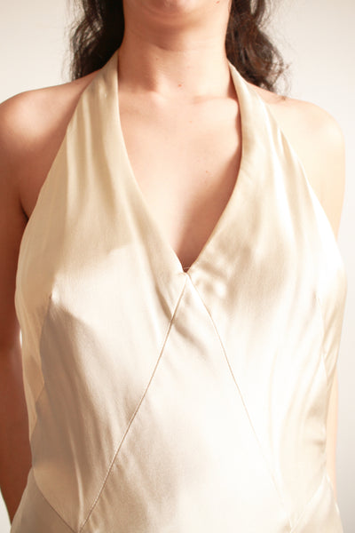 1990s Stone Silk Satin Bias Halter Gown
