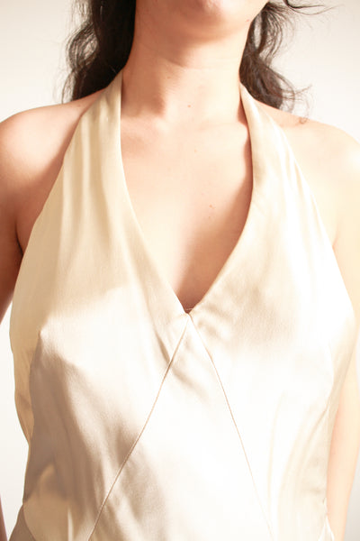 1990s Stone Silk Satin Bias Halter Gown