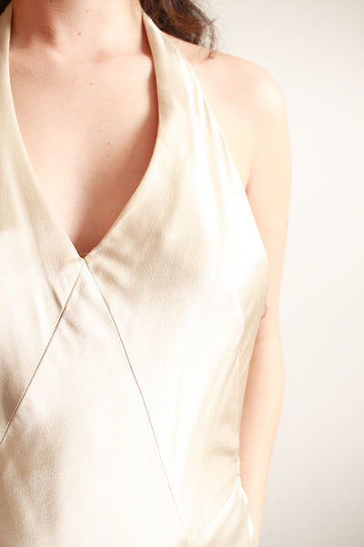 1990s Stone Silk Satin Bias Halter Gown