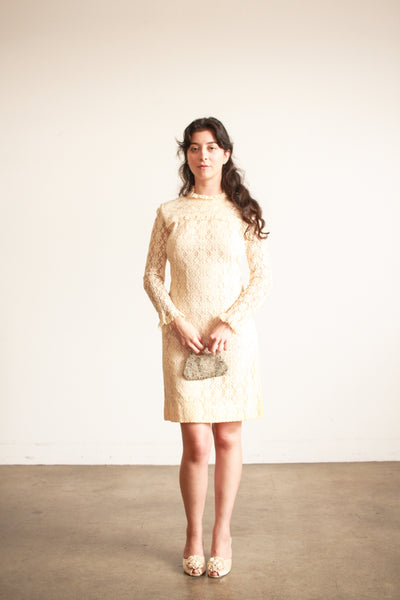 1960s Cream Lace Long Sleeve Midi Dress