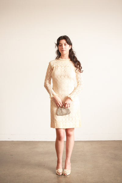 1960s Cream Lace Long Sleeve Midi Dress