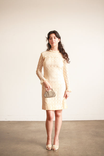 1960s Cream Lace Long Sleeve Midi Dress