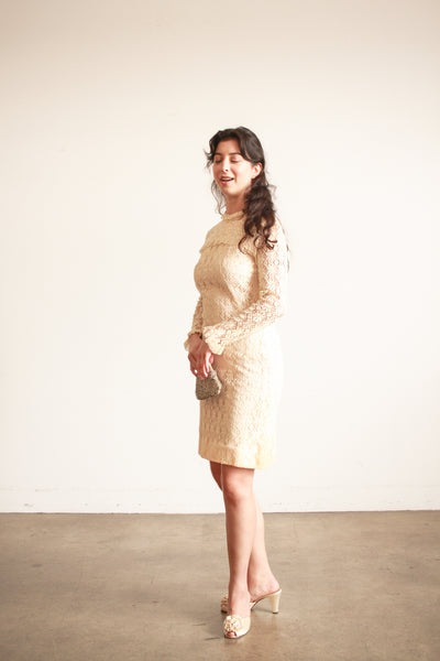 1960s Cream Lace Long Sleeve Midi Dress