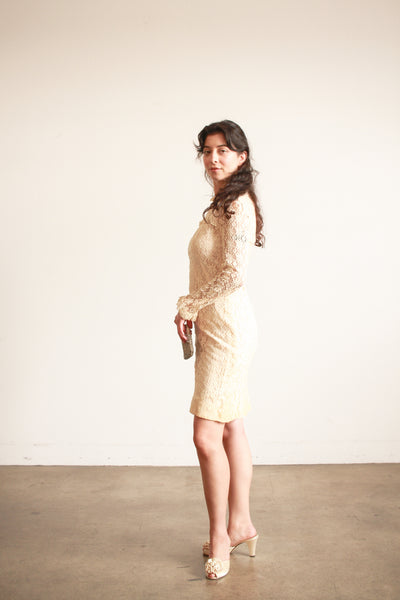 1960s Cream Lace Long Sleeve Midi Dress