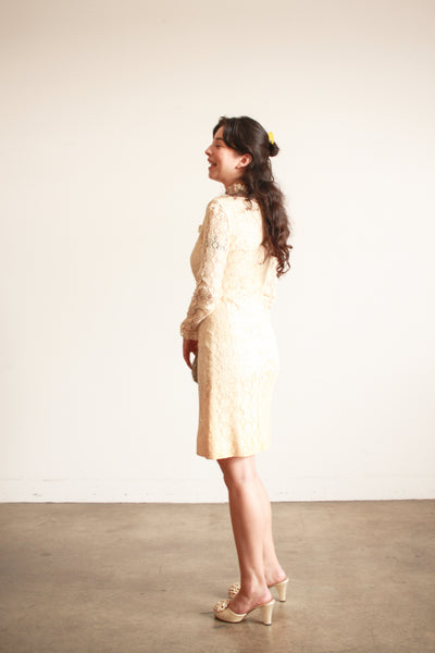 1960s Cream Lace Long Sleeve Midi Dress