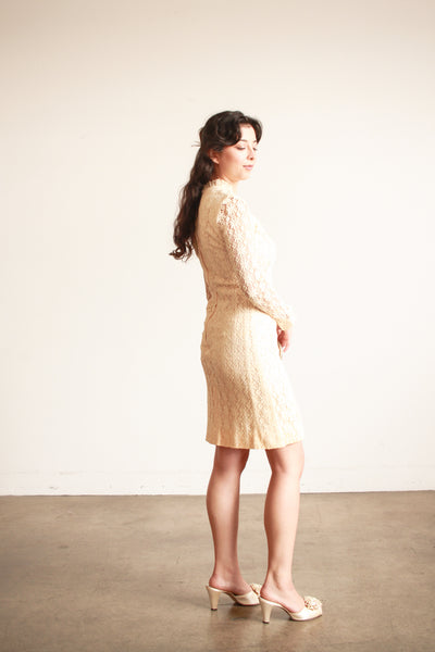 1960s Cream Lace Long Sleeve Midi Dress