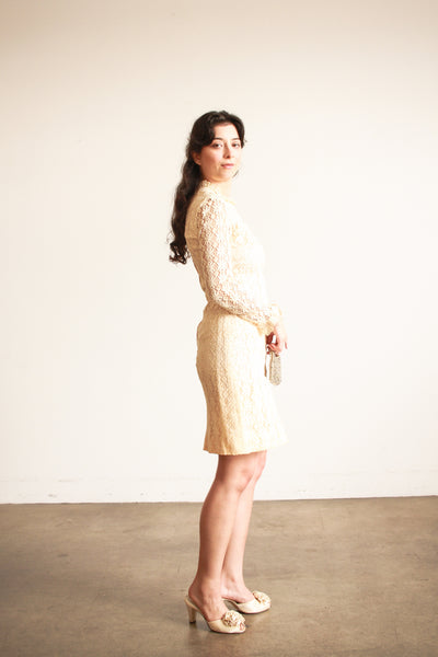 1960s Cream Lace Long Sleeve Midi Dress