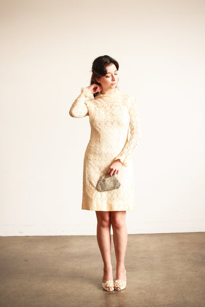1960s Cream Lace Long Sleeve Midi Dress