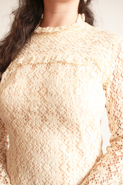 1960s Cream Lace Long Sleeve Midi Dress
