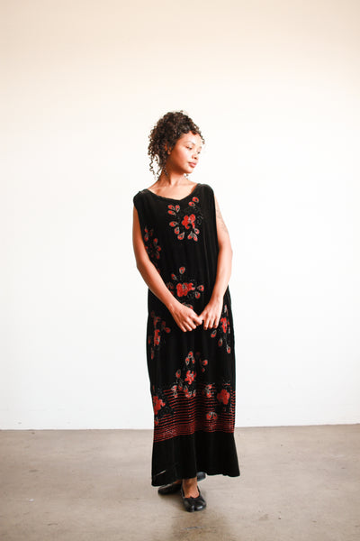 1920s Black Cotton Velvet Beaded Shift Dress