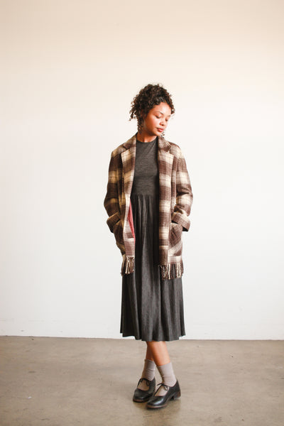 1990s Plaid Wool Brown Fringe Jacket