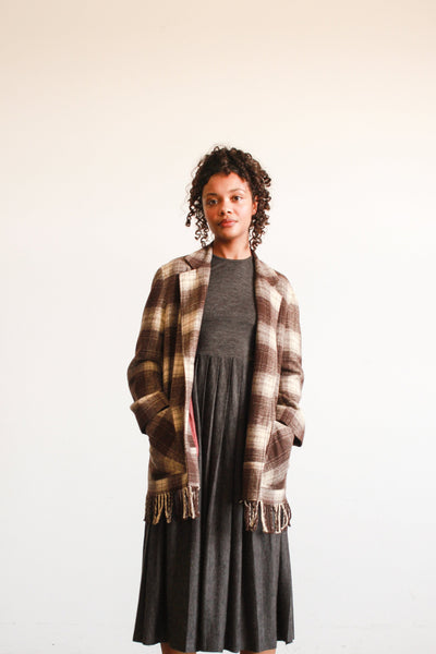 1990s Plaid Wool Brown Fringe Jacket