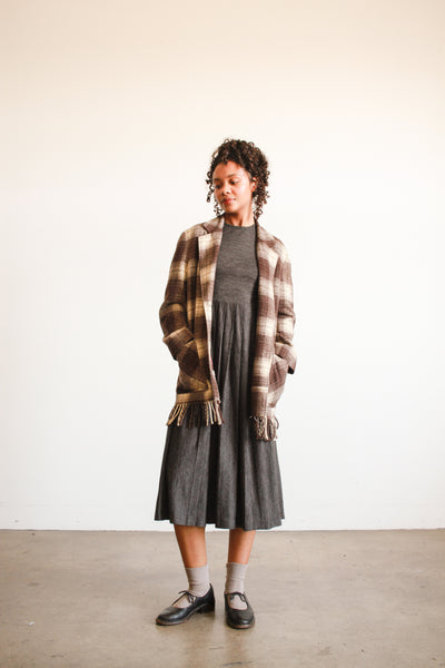 1990s Plaid Wool Brown Fringe Jacket