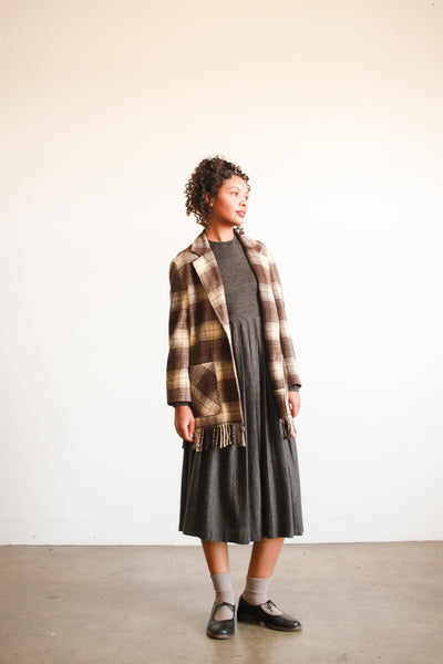 1990s Plaid Wool Brown Fringe Jacket