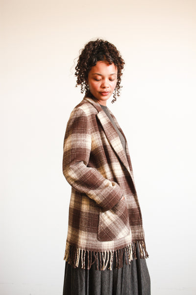 1990s Plaid Wool Brown Fringe Jacket