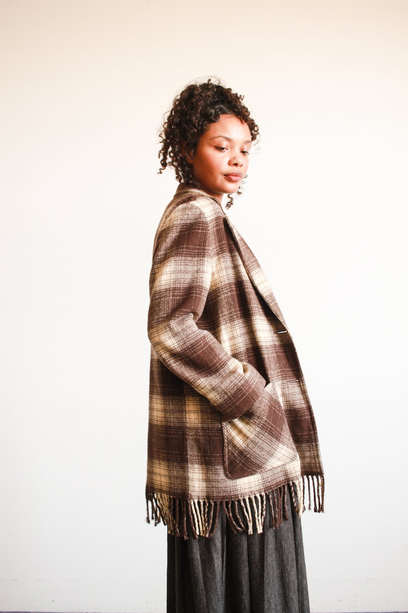 1990s Plaid Wool Brown Fringe Jacket