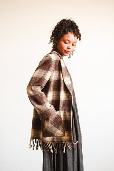 1990s Plaid Wool Brown Fringe Jacket