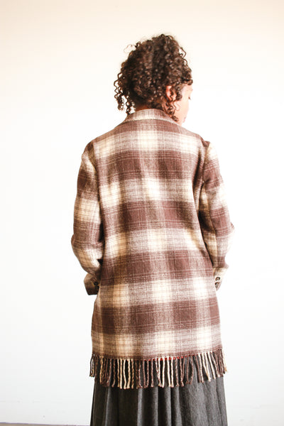 1990s Plaid Wool Brown Fringe Jacket