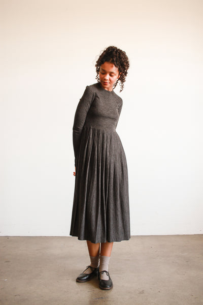 1980s Charcoal Long Sleeve Pleated Midi Dress