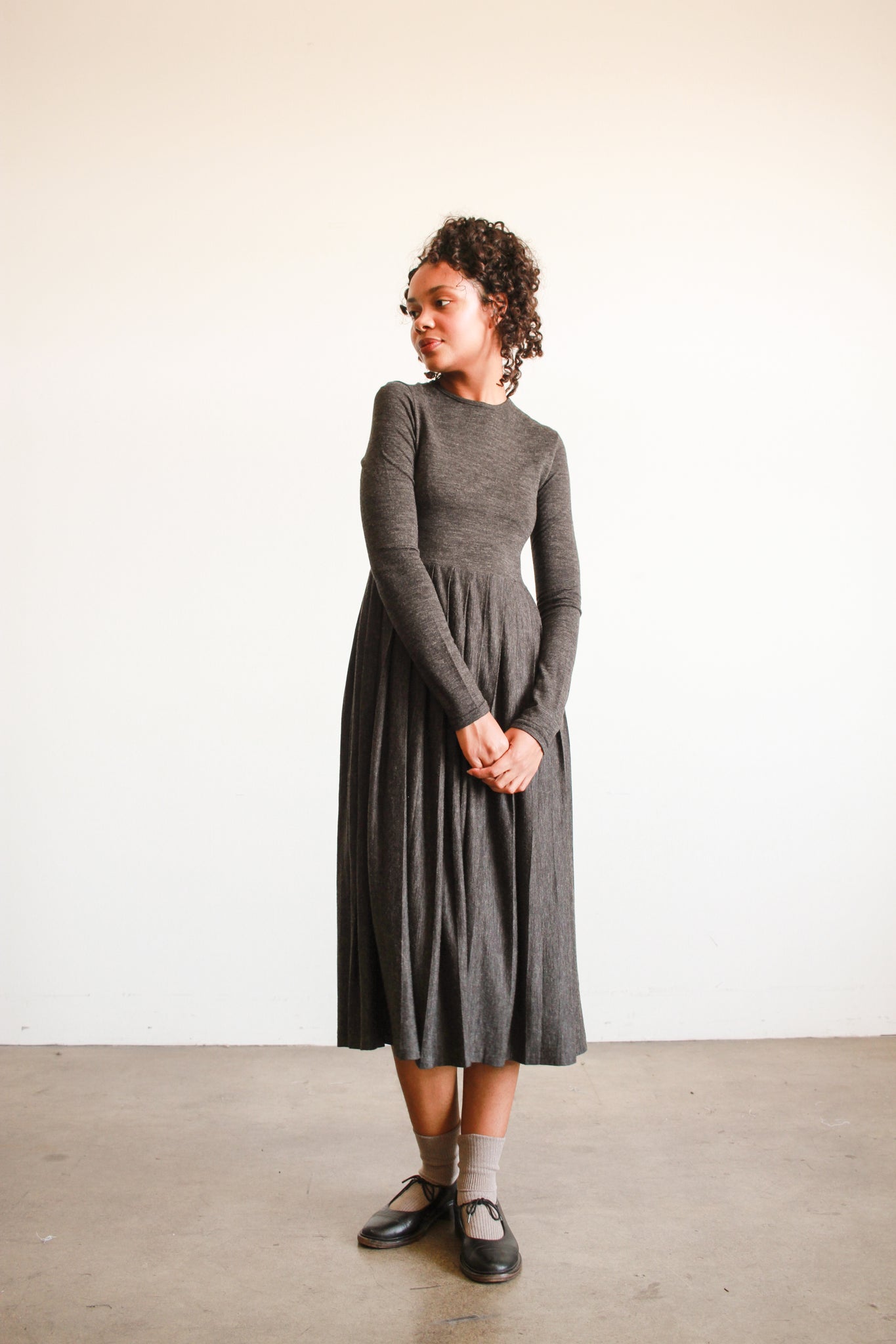 1980s Charcoal Long Sleeve Pleated Midi Dress Blossom Vintage 1980s Charcoal Long Sleeve Pleated Midi Dress Blossom Vintage