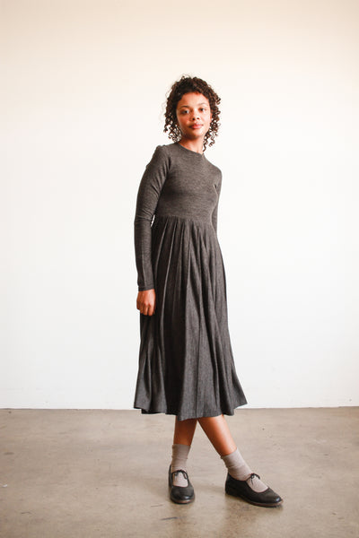 1980s Charcoal Long Sleeve Pleated Midi Dress