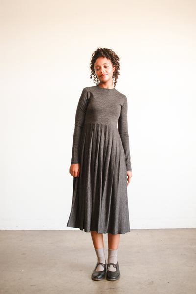 1980s Charcoal Long Sleeve Pleated Midi Dress