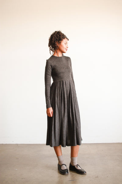 1980s Charcoal Long Sleeve Pleated Midi Dress