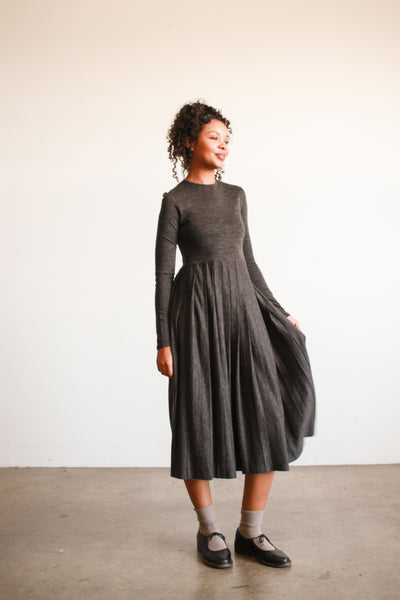 1980s Charcoal Long Sleeve Pleated Midi Dress