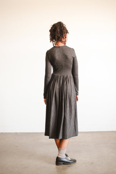 1980s Charcoal Long Sleeve Pleated Midi Dress