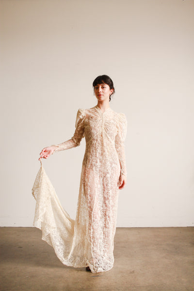 1930s Ivory Lace Bias Cut Gown