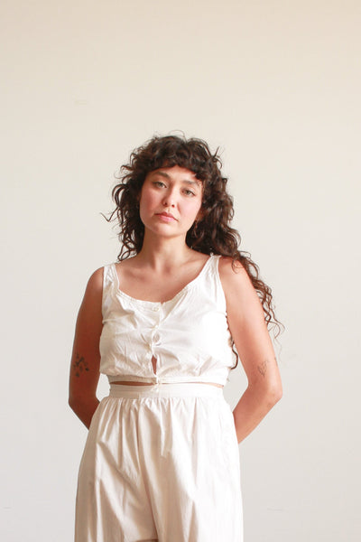 1950s White Cotton Crop Button Tank
