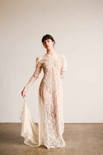 1930s Ivory Lace Bias Cut Gown