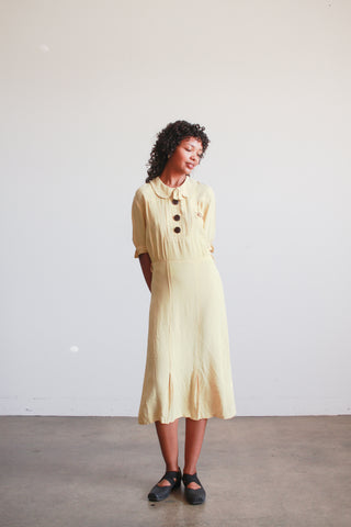 1940s Yellow Rayon Midi Day Dress