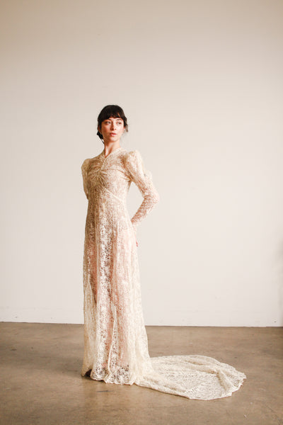 1930s Ivory Lace Bias Cut Gown