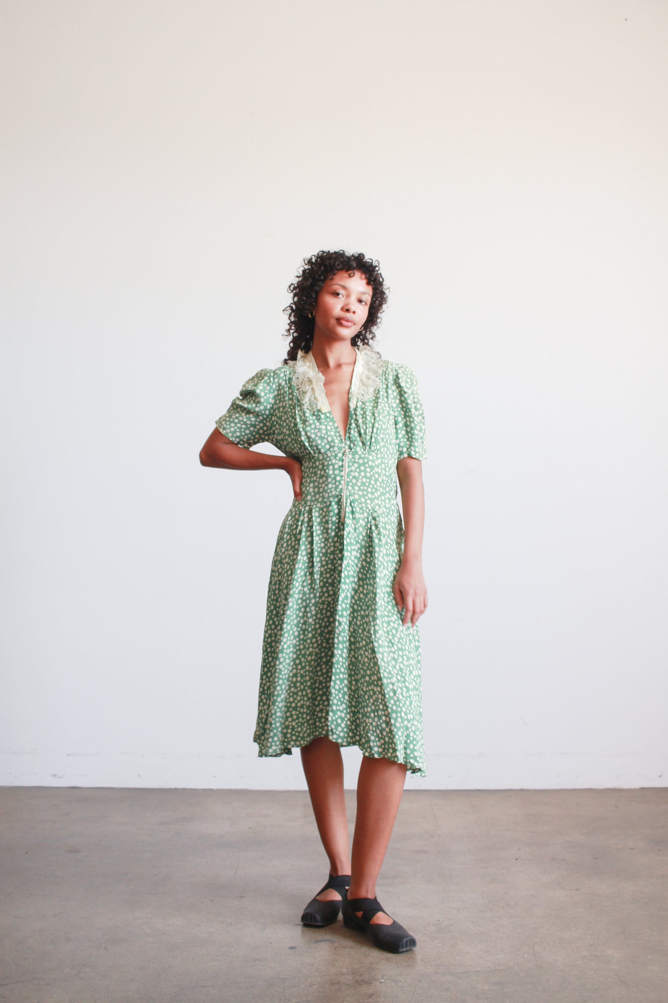 1940s Jade Rayon Polka Dot Midi Dress