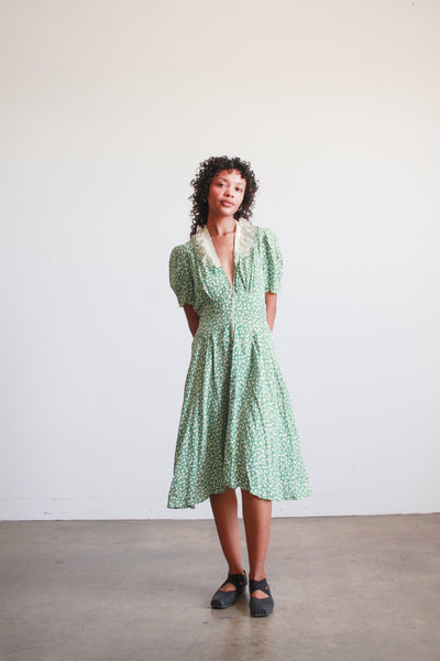 1940s Jade Rayon Polka Dot Midi Dress