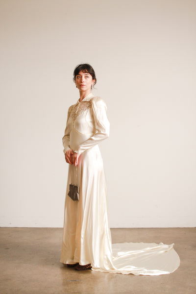 1930s Ivory Liquid Satin Lace Yolk Wedding Gown