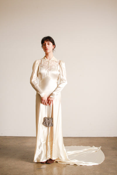 1930s Ivory Liquid Satin Lace Yolk Wedding Gown