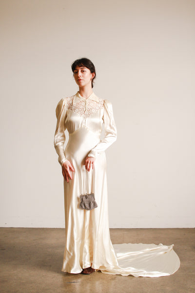 1930s Ivory Liquid Satin Lace Yolk Wedding Gown