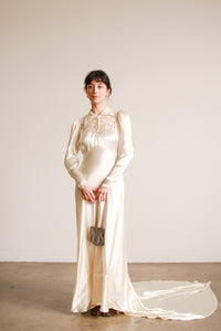 1930s Ivory Liquid Satin Lace Yolk Wedding Gown