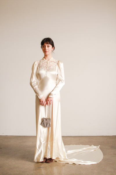 1930s Ivory Liquid Satin Lace Yolk Wedding Gown