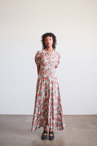 1940s Powder Blue Cold Rayon Tropical Print Dress