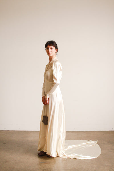 1930s Ivory Liquid Satin Lace Yolk Wedding Gown