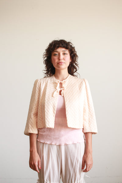 1940s Blush Satin Rayon Quilted Bed Jacket