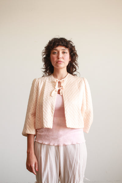 1940s Blush Satin Rayon Quilted Bed Jacket