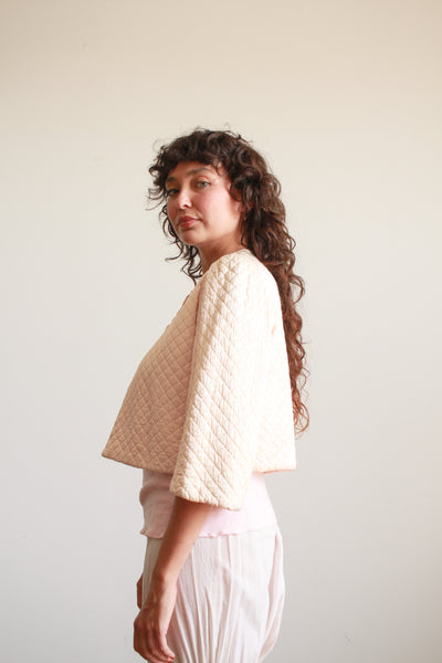 1940s Blush Satin Rayon Quilted Bed Jacket