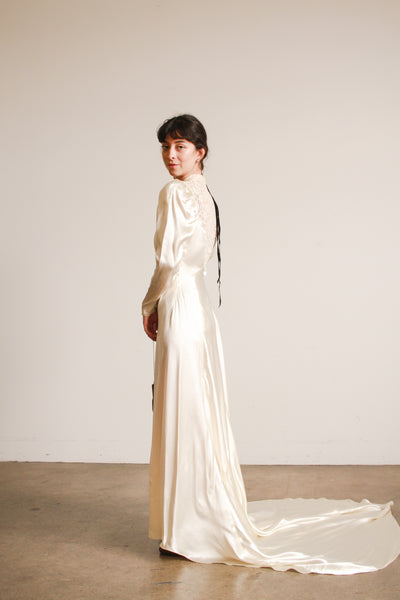 1930s Ivory Liquid Satin Lace Yolk Wedding Gown