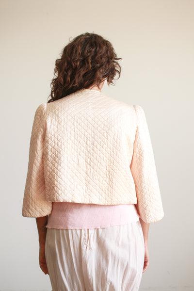 1940s Blush Satin Rayon Quilted Bed Jacket