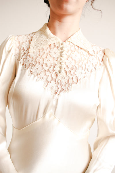 1930s Ivory Liquid Satin Lace Yolk Wedding Gown