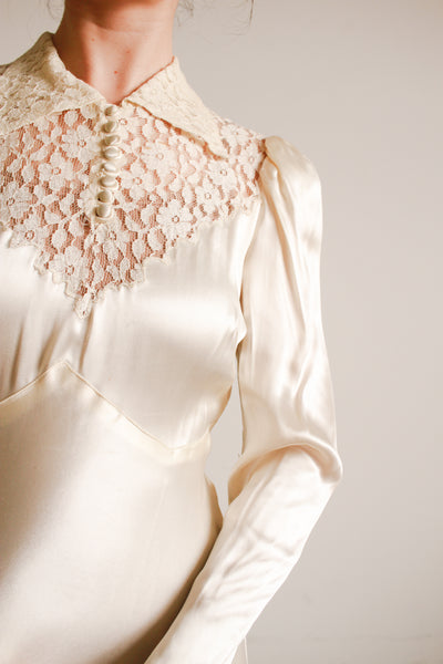 1930s Ivory Liquid Satin Lace Yolk Wedding Gown